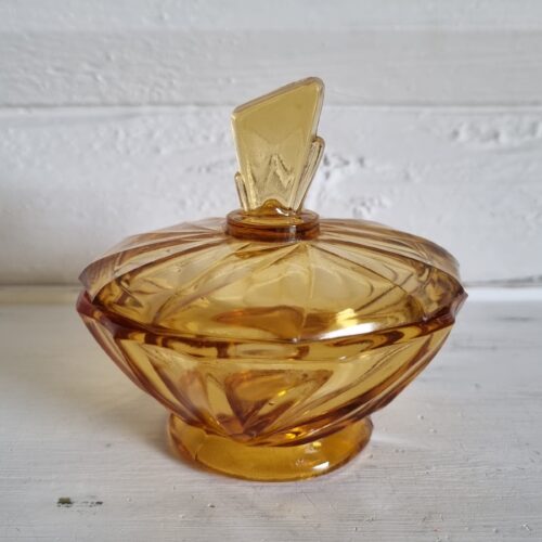 Smuk ravfarvet glas krukke med låg