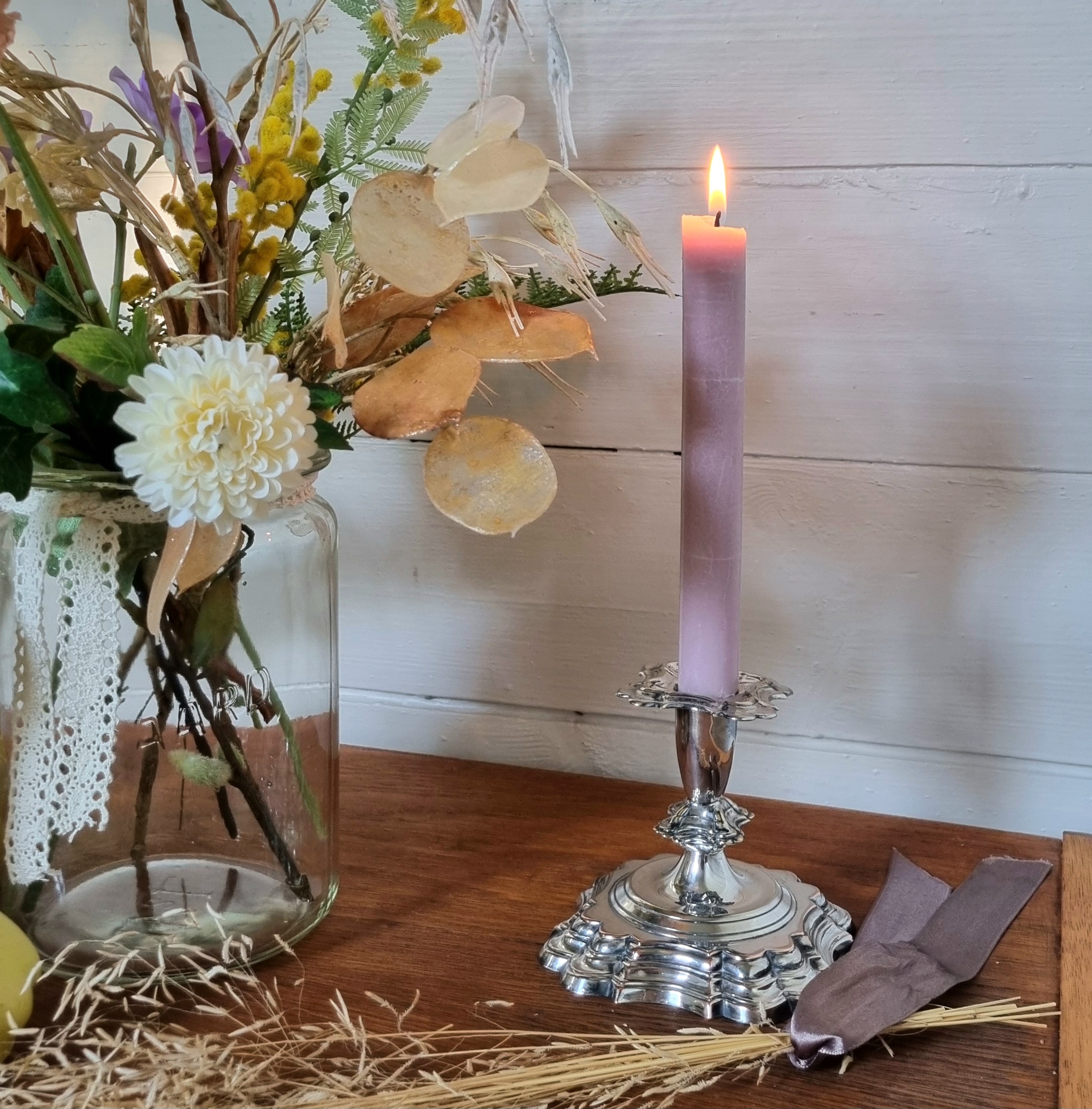 Smuk gammel lysestage i pletsølv