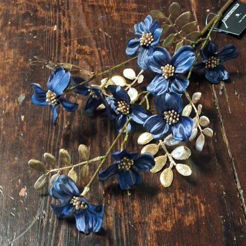 Smuk blå/guld Kornel – kunstig med fine blomster